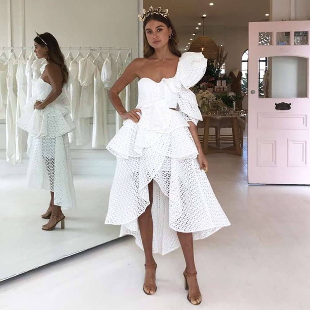 💋UBER GORGE!💋White Floral Crochet One Shoulder Ruffled Asymmetrical Dress - Picture 7 of 16
